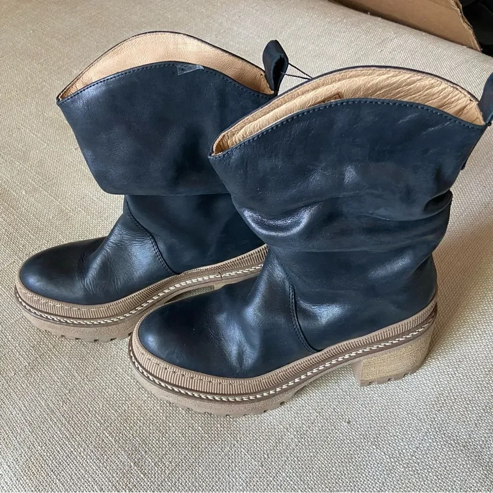 Free People Mel Slouch Leather Boot Black Chunky Sole 6.5